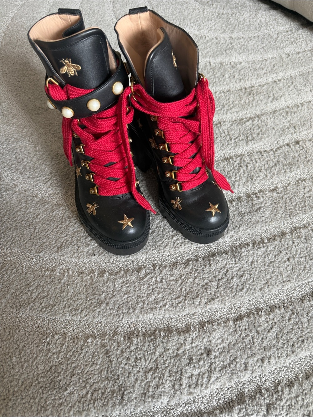 Gucci Black Leather Lace-Up Boots with Red Laces and Gold Embellishments